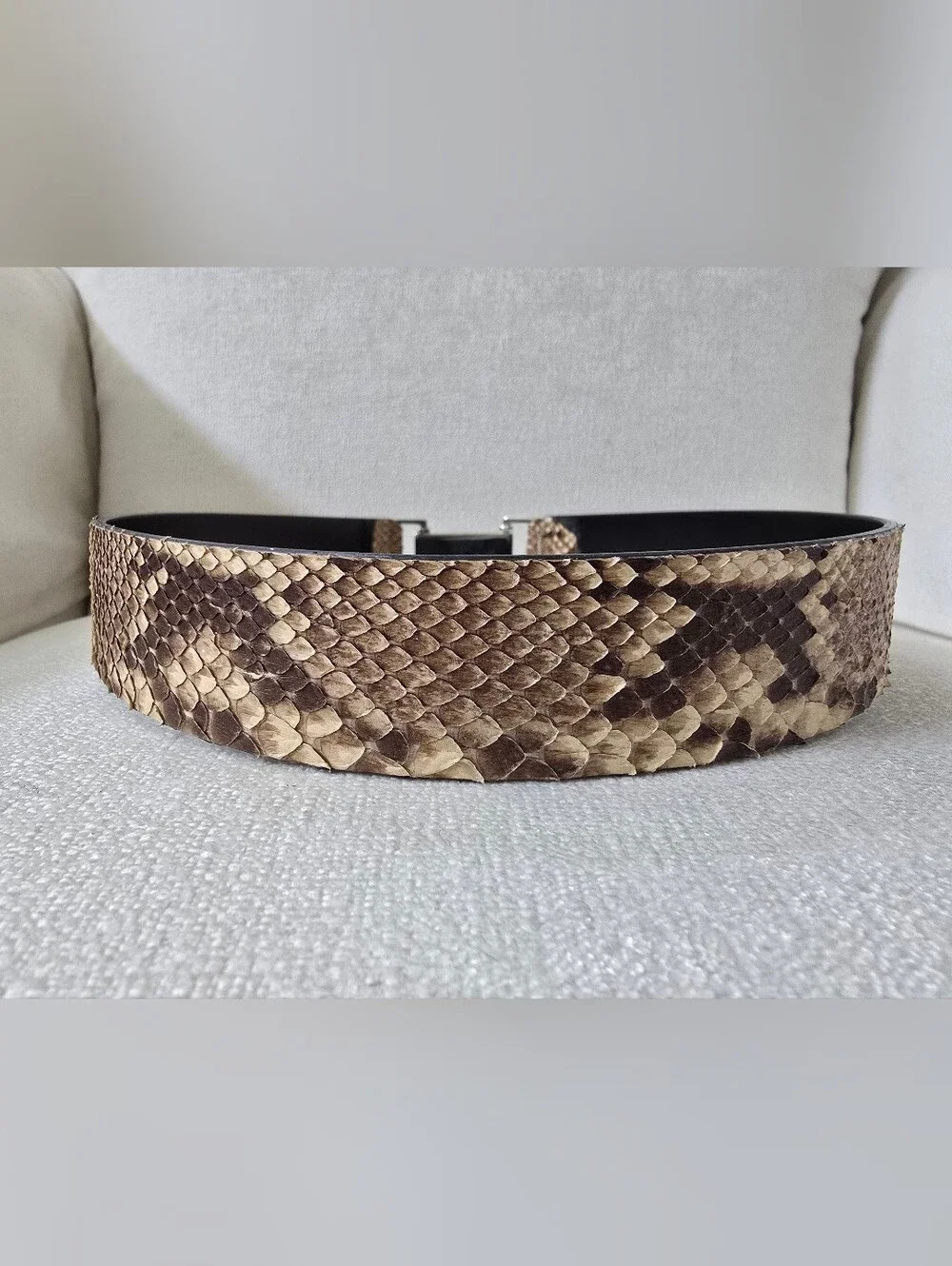 Women's Gucci Python Leather Belt in Tan and Brown with Silver Buckle Sz 28.5